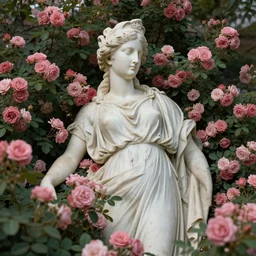 portrait of a greek statue buried among the roses in roses, by julia pott