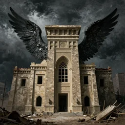 new york city being rebuilt as mesopotamian architecture. dark wings, atmospheric, stormy weather, gustave dore, italy 1 8 1 6