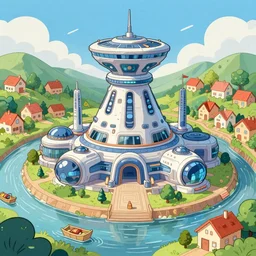 cartoon of an advanced nuclear sci - fi building next to a river and trees and pretty houses, by darwyn cooke, intricate, colourful, happy, high res, 4 k