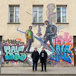 a couple of people standing in front of a building, graffiti art by andre de krayewski, featured on flickr, crayon art, dystopian art, multiple exposure, glitch art