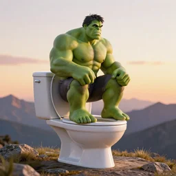 a toilet on a mountain with the hulk sitting on it at sunset