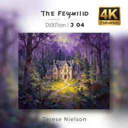 A professional digital landscape painting of The Feywild forests overlooking a mansion, painted by Terese Nielsen, 4k, digital art, highly detailed, upper body shot, shallow depth of field, purple and yellow lighting, professional lighting, airbrush