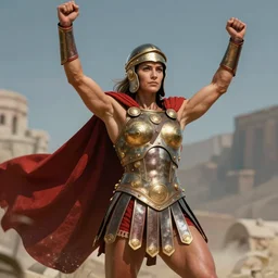 female body builder dressed as a roman gladiator, arms raised in victory, digital fantasy art