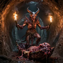 airbrush baphomet, buer, sewage tunnels with primitive flesh raft, of rotten flesh, syd mead, enric torres, hyper realism, narrative light, muted colors, epic, hyper detailed, awe inspiring, award winning horror, torch lighting, hyper realism, cinematical