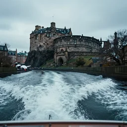 photo of edinburgh city underwater, underwater view of boat wake, edinburgh castle, sharp focus, surrealism, cinematic concept art, unreal engine, 4 k wallpaper, national geographical