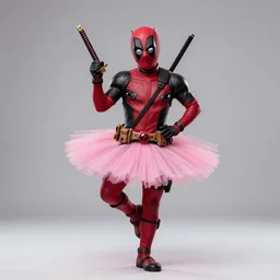 Deadpool wearing a pink tutu doing a cute pose, holding his bloody katana, smiling at the viewer, full body portrait,