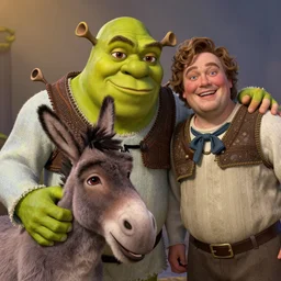 live action shrek remake, seth rogan as shrek, james franco as donkey, practical effects makeup, realistic face cgi, uncanny valley faces, photo, funniest scene