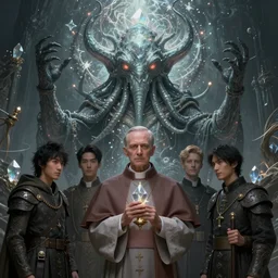 pope priest in front of a cthulhu, benefit of all, ill of none, fractal crystal, fantasy beauty portrait by tom bagshaw, tooth wu, wlop, james jean, victo ngai, beautifully lit, muted colors, highly detailed, artstation, fantasy art by craig mullins, thomas kinkade