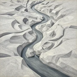 the river looked up to the dragon - skin of the basalt, abstract art in the style of cubism and georgia o keefe