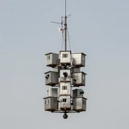 a suspended tower made up of metal makeshift squatter shacks with tv antennas, mamiya, f 1 1, fully frontal view, uniform plain sky, photographed by julie blackmon