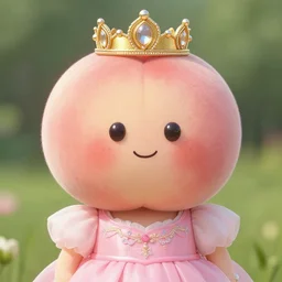 a peach wearing a crown and a pink dress
