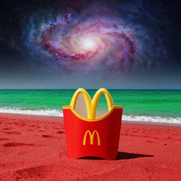 mcdonalds on a red sand beach, green ocean, nebula sunset