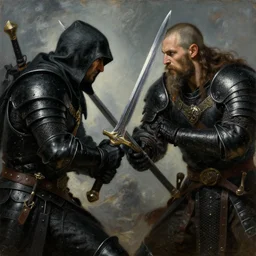 epic sword duel between an assassin and a viking berserker covered in black armor, close - up, painting by gaston bussiere, craig mullins, j. c. leyendecker, 4 k, 8 k, trending on artstation, artstationhd, artstationhq, highest detail