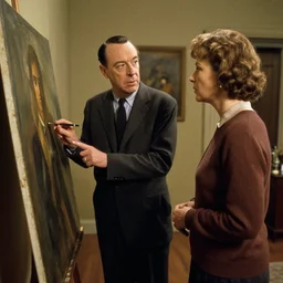 of alfred hitchcock psycho scene with norman and his mother discussing a painting he painted photo