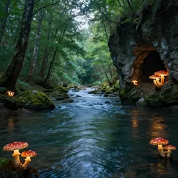 a beautiful river, there are spirits on the river, trees are surrounding the river, there is a cave, with glowing mushrooms
