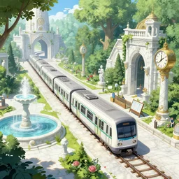 A train subway inside a beautiful elven city made of white marble, anime, lush trees, fountain, statue, big clock, information desk, trains, train tracks, a fantasy digital painting by Greg Rutkowski and James Gurney, trending on Artstation, highly detailed