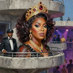 palette knife oil painting portrait of anita baker, a queen - with gold tiara with rubies and diamonds, man in mafia wear and australian aboriginal body paint, concrete balcony, nightclub, artstation trending, artgerm, any racial background, deviant art, hipster, octane, substance, art history 8 k
