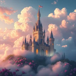 a fairytale castle surrounded by clouds, rose, colorful, digital illustration, light effect, 4 k, macro lens, octane rendering,