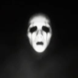 scary white face emerging from the shadows, black and white, blurry, foggy, digital artwork, black background