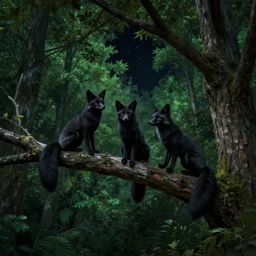 three black foxes sitting on a high branch in a tree looking down, dense green forest, night time, pitch black sky, stars, extreme low angle view, detailed illustration, hd, overdetailed art, photorealistic, by Aaron Blaise, trending on ArtStation, concept art, cgsociety, octane render, trending on artstation, artstationHD, artstationHQ, unreal engine, 8k