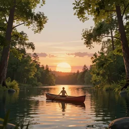 A canoe in the middle of a lake, trees surrounding in a circle, sunset, digital art, trending on artstation, 4k