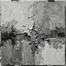 canvas with raises paint textures, splash of paint down center, abstract, acrylic, applied thick, paint smeared with palette knife, blotch of spray paint in corner, monochrome