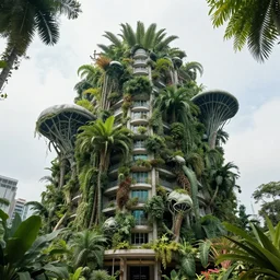 a building with gigantic alien plants growing around it
