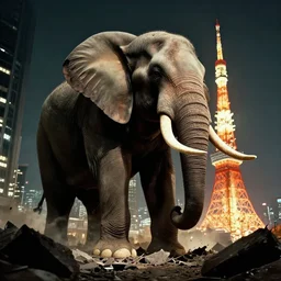 giant elephant destroying tokyo in the style of the movie godzilla, cinematic lighting, cinematic framing and shadows 1 9 7 0 s aesthetic