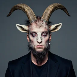 actor Chris Evans in Elaborate Pan Satyr Goat Man Makeup and prosthetics designed by Rick Baker, Hyperreal, Head Shots Photographed in the Style of Annie Leibovitz, Studio Lighting