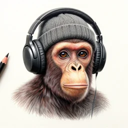 stoned ape, headphones and knitted cap, realistic, crayon, extremely detailed, sharp focus, wide view, smooth, digital illustration, by james jean, by rossdraws, frank franzzeta, mcbess, sakimichan, brosmin, danton fadeev, steve simpson