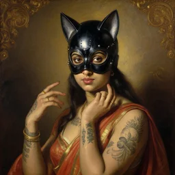 detailed potrait 8 0 s srilankan girl with tatoos and cat woman mask in baroque painting, girl graceful,, painting by gaston bussiere, craig mullins, j. c. leyendecker, lights, art by ernst haeckel, john william godward, hammershøi,,