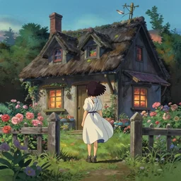 a girl standing at a flowery cottage, evening, highly detailed, studio ghibli, artstation