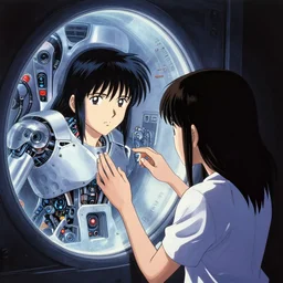 a girl opening up to reveal a robotic interior, inuyashiki!!, by clyde caldwell, james c. christensen, george tooker, h. r. giger
