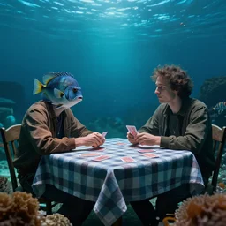 two fishes sitting at a table playing cards, at the bottom of the sea, the table has a checkered table cloth, hyperdetailed, cinematic light, lowbrow surrealistic, in the style of mark ryden,