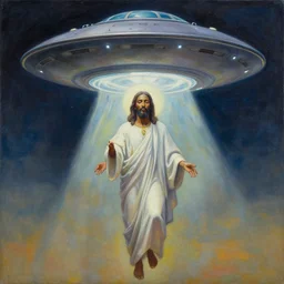 UFO hovering over an African Jesus ,painting by Hsiao-Ron Cheng,