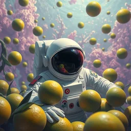 a digital painting of a astronaut without a helmet!!!!!! floating in a bright colorful alien ocean surrounded by limes!!!!!!, sharp focus, retro futuristic by todd schorr
