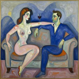 woman, man, intimate, sofa, wine, by robert delaunay endless rhythm, abstract painting