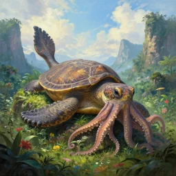 fantasy oil painting, great leviathan, turtle cephalopod terrapin reptilian pachyderm amphibian hybrid, rainforest mountains, lush plants flowers, epic natural light, bright clouds, luminous sky, outer worlds, bright cinematic key lighting, michael cheval, michael whelan, vray, 8 k hd