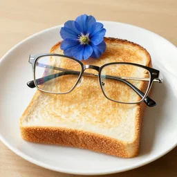 a bread toast with eyeglasses wearing a blue flower
