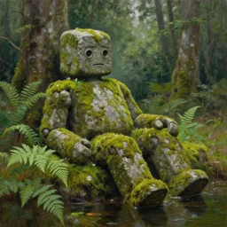 ancient stone roboter overgrown with moss and farn resting beside a pond inside a forest, oil painting, by greg rutkowski