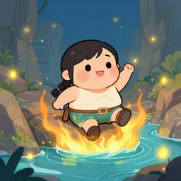 wide shot of obese Chibi derpy Lara Croft climbing out of a roaring ancient river, fireflies by Lilia Alvarado