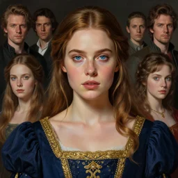 full - length portrait of a woman with blue eyes and freckles, dressed in a navy blue gown with gold embroidered details, golden brown hair, detailed face, fantasy, cinematic lighting, digital art painting, fine details by realistic shaded lighting poster by ilya kuvshinov katsuhiro otomo, magali villeneuve, artgerm, jeremy lipkin and michael garmash and rob rey