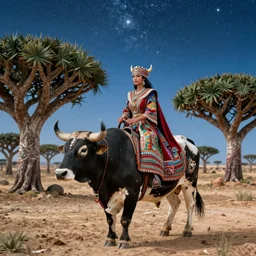 a beautiful ornate woman, riding a bull in socotra island with dragon trees, starry night, sharp focus, wide shot, trending on artstation, masterpiece, by greg rutkowski, by ross tran, by fenghua zhong, octane, soft render, ultrarealistic, colorful, cinematic, midsommar
