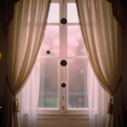 over the shoulder photography of two golden circles behind white curtains in old victorian room, dramatic light, cinestill, flying black marble balls, filmstill, bokeh, long exposure, god rays, magic hour, pink light, warm colors