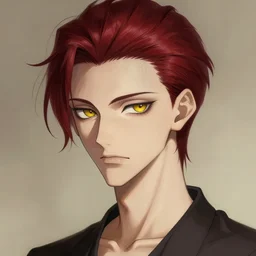portrait of hisoka morow hunter hunter male thin lips small eyes very thin pursed lips extremely sharp jaw yellow eyes slit eyes narrow eyes dark red hair soft hair slicked back crimson hair anime, madonna genderbend elegant, highly detailed, digital painting, artstation art by artgerm and greg rutkowski and alphonse mucha