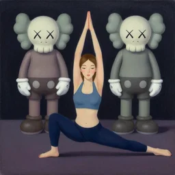 illustration of a russian girl doing yoga in the dark by shusei nagaoka kaws, david rudnick, airbrush on canvas, pastell colors, cell shaded
