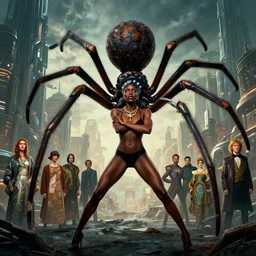 realistic detailed photorealistic film portrait shot of a beautiful black woman with a giant spider, sci - fi city landscape background by denis villeneuve, amano, yves tanguy, alphonse mucha, ernst haeckel, andrei tarkovsky, edward robert hughes, roger dean, necklace, dynamic pose, rich moody colours, wide angle, blue eyes