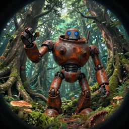 wholesome animation key shot, fish eye lens, intricate, parka explore rusty robot schwerer gustav!!!!, dense forest, roots, fungi, moss, ambient occlusion, studio ghibli, pixar, disney concept art watercolor illustration by alena aenami, bloom!!! dramatic lighting, blue sky, dean cornwell, satoshi kon
