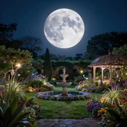 magical garden at night, big moon