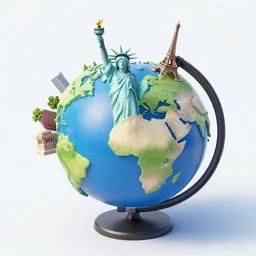 a globe with the statue of liberty, the eiffel tower and other famous landmarks, 3 d render, isometric, 3 d art